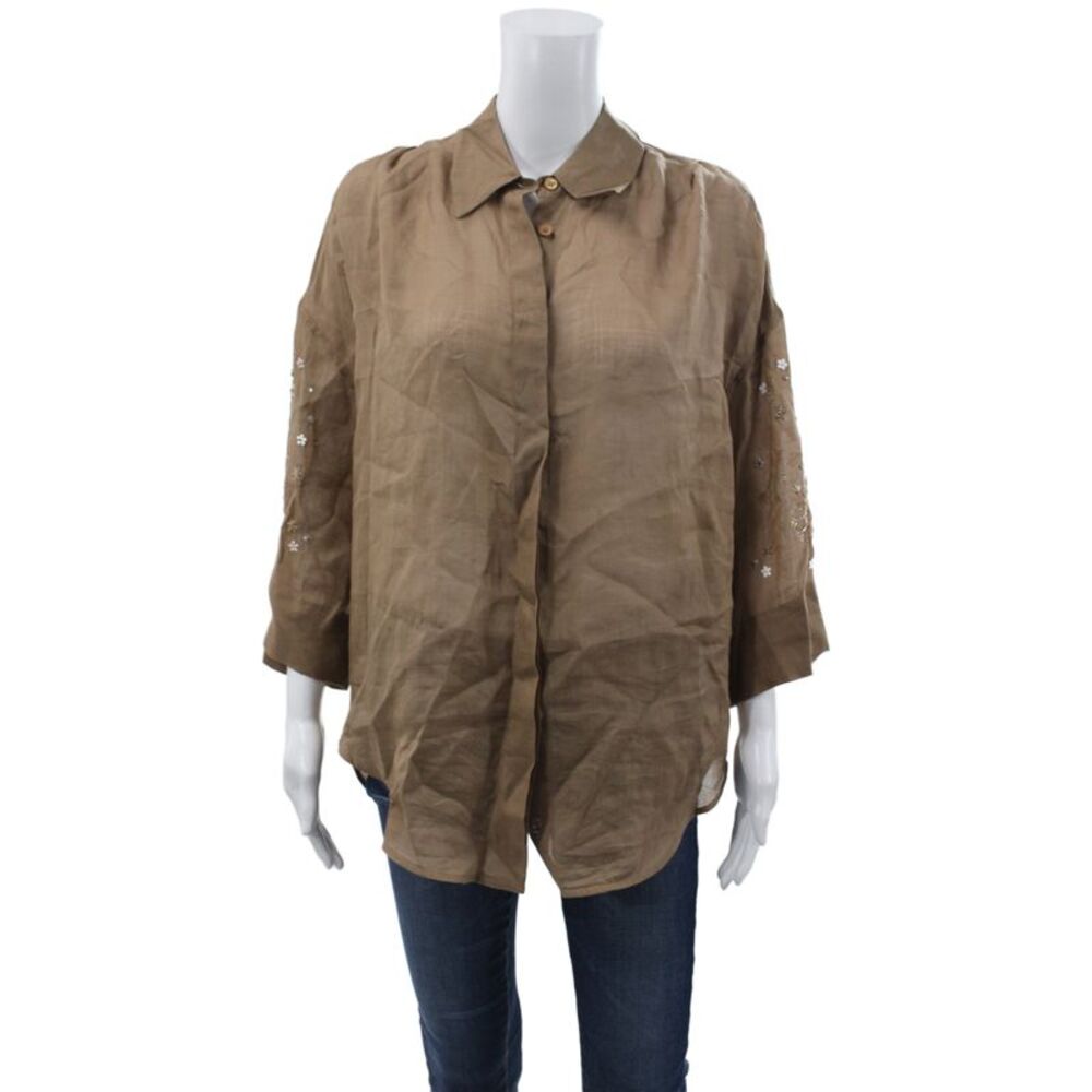 Lorena Antoniazzi Women Brown Floral 3/4 Sleeve Button-Up Blouse Size 6